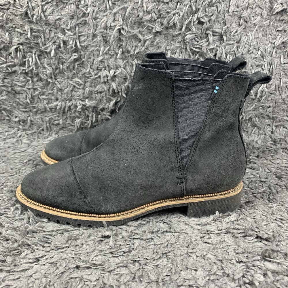Toms Women's Cleo Boot Size 7 Pull On Chelsea Black Nubuck Lug Sole Shoe